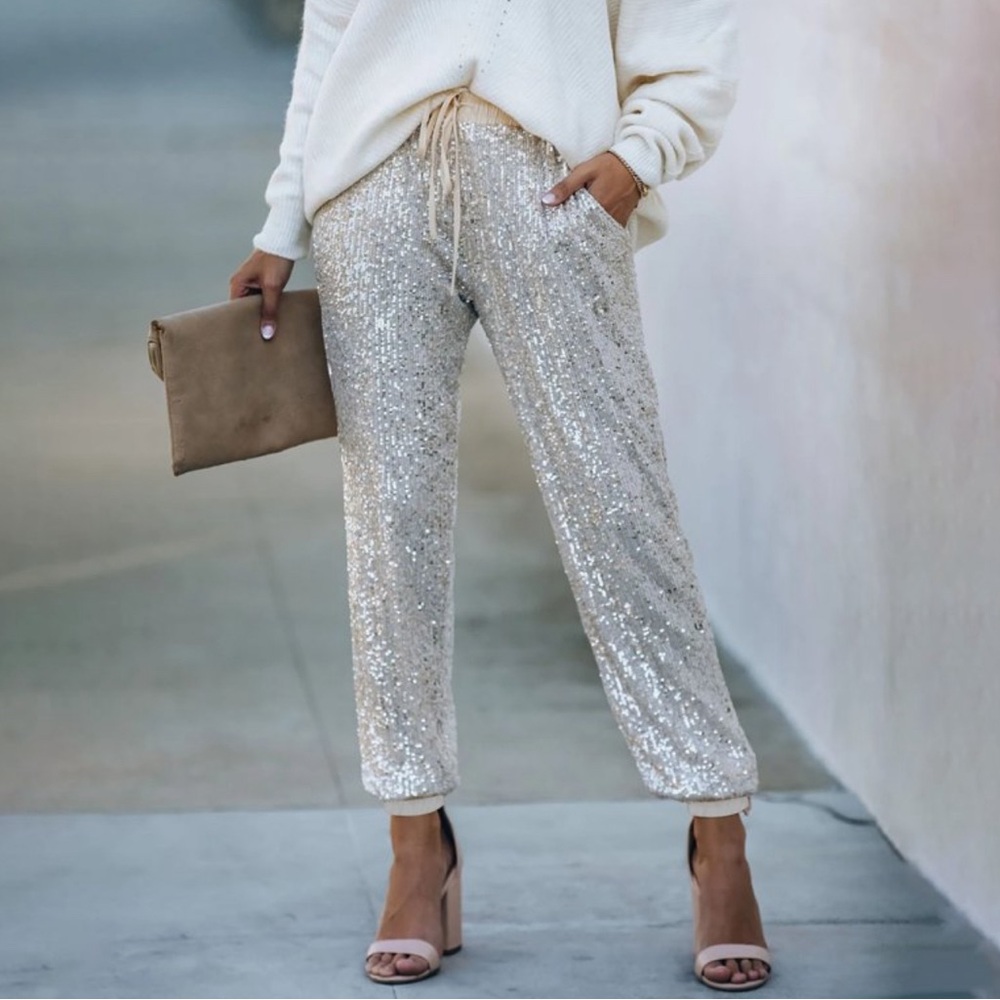 ♦️SOLD♦️EXPRESS Sequined Pleated High Rise Cropped Wide Leg Trousers Pants Sz M - Picture 16 of 16